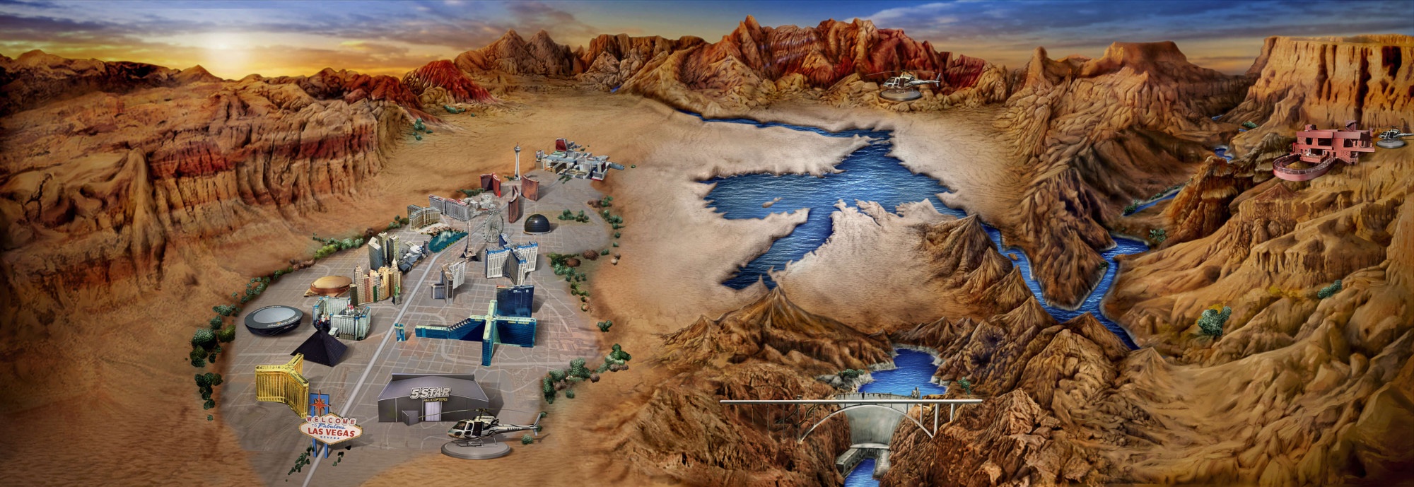 Illustrated map showing Las Vegas, Red Rock Canyon, Lake Mead and nearby desert landmarks